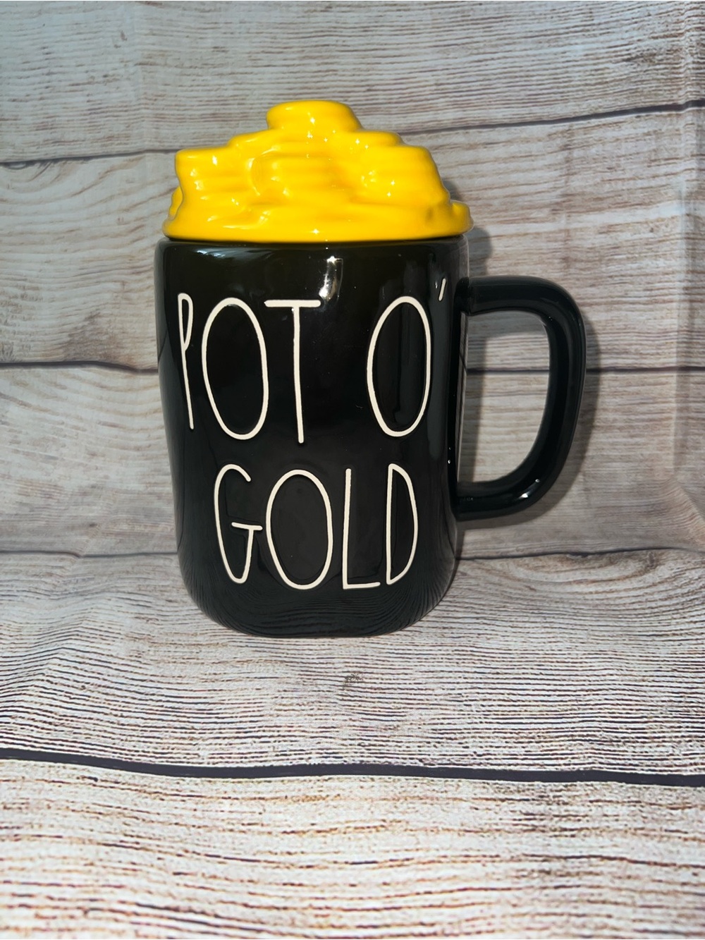 Rae Dunn Black Ceramic 'Pot O' Gold' Mug with Yellow Lid